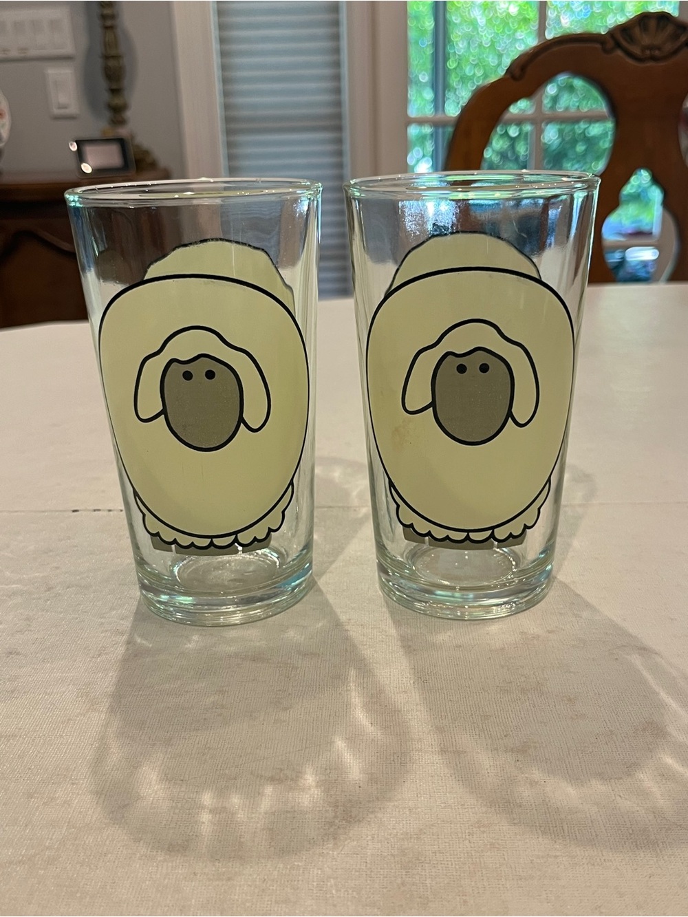 Vintage Firna cream & gray Sheep Print Glass Tumblers. Set of 2. So cute!